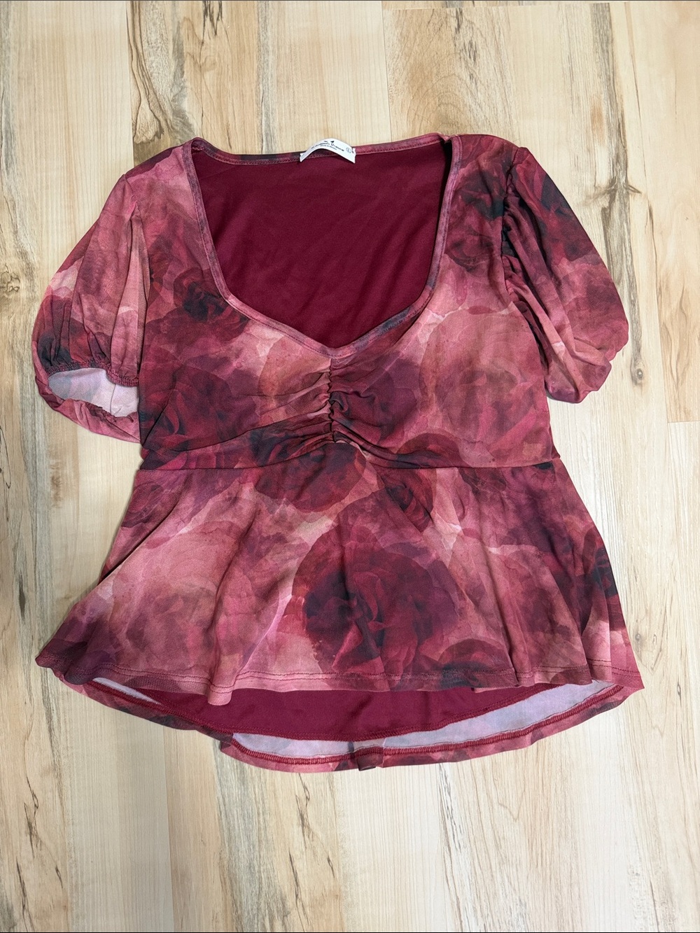 Women's Burgundy Floral Sheer Peplum Top